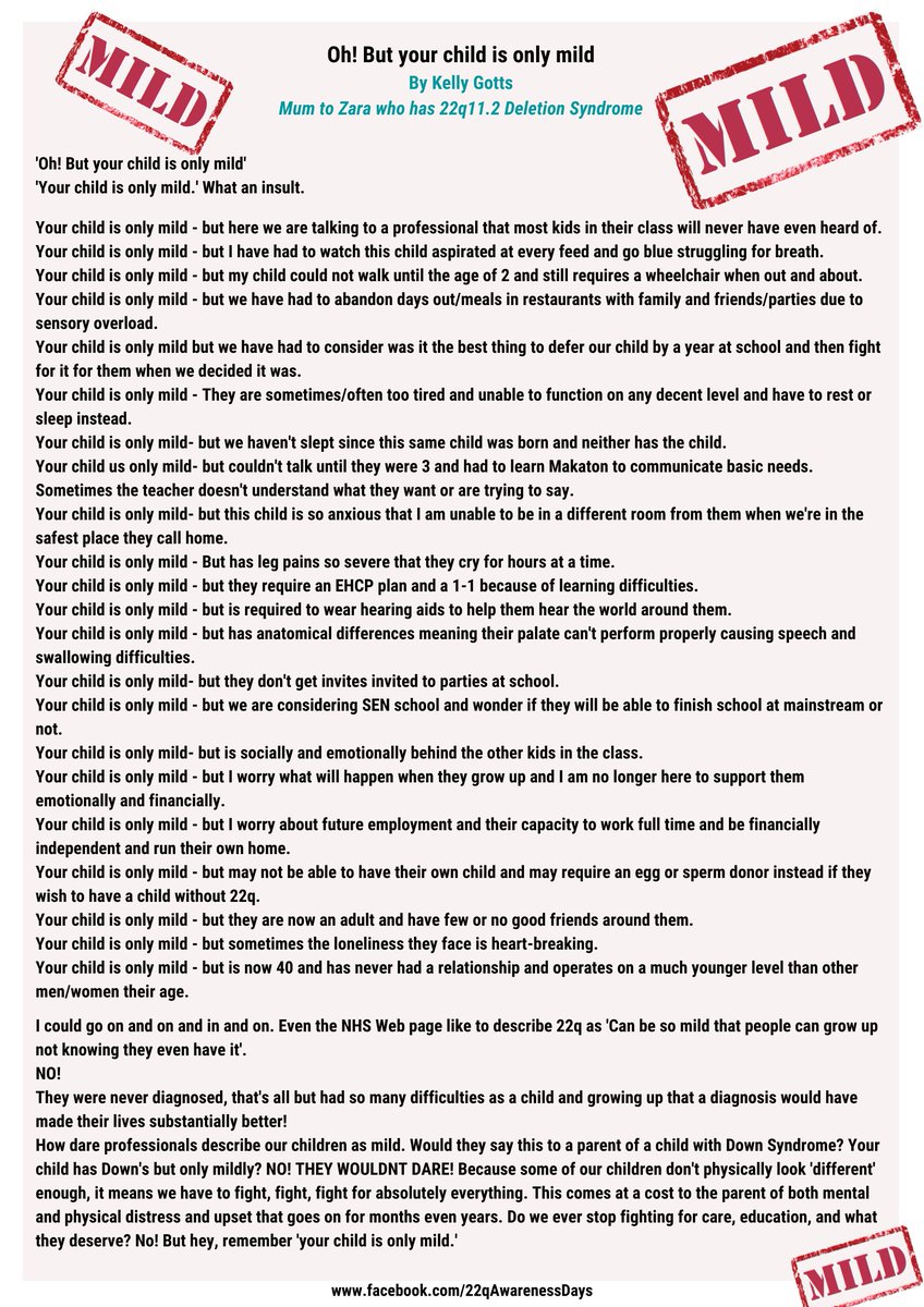 22qAwarenessDay's tweet photo. Day 30  #22qNovemberAwareness
Oh! But your child is only mild
By Kelly Gotts
Mum to Zara who has #22q11.2 Deletion Syndrome

#22q 
#22q11 
#Be22qAware ...Please!
#22qAwareness 
#22qAwarenessDays https://t.co/zm0nPMYr66