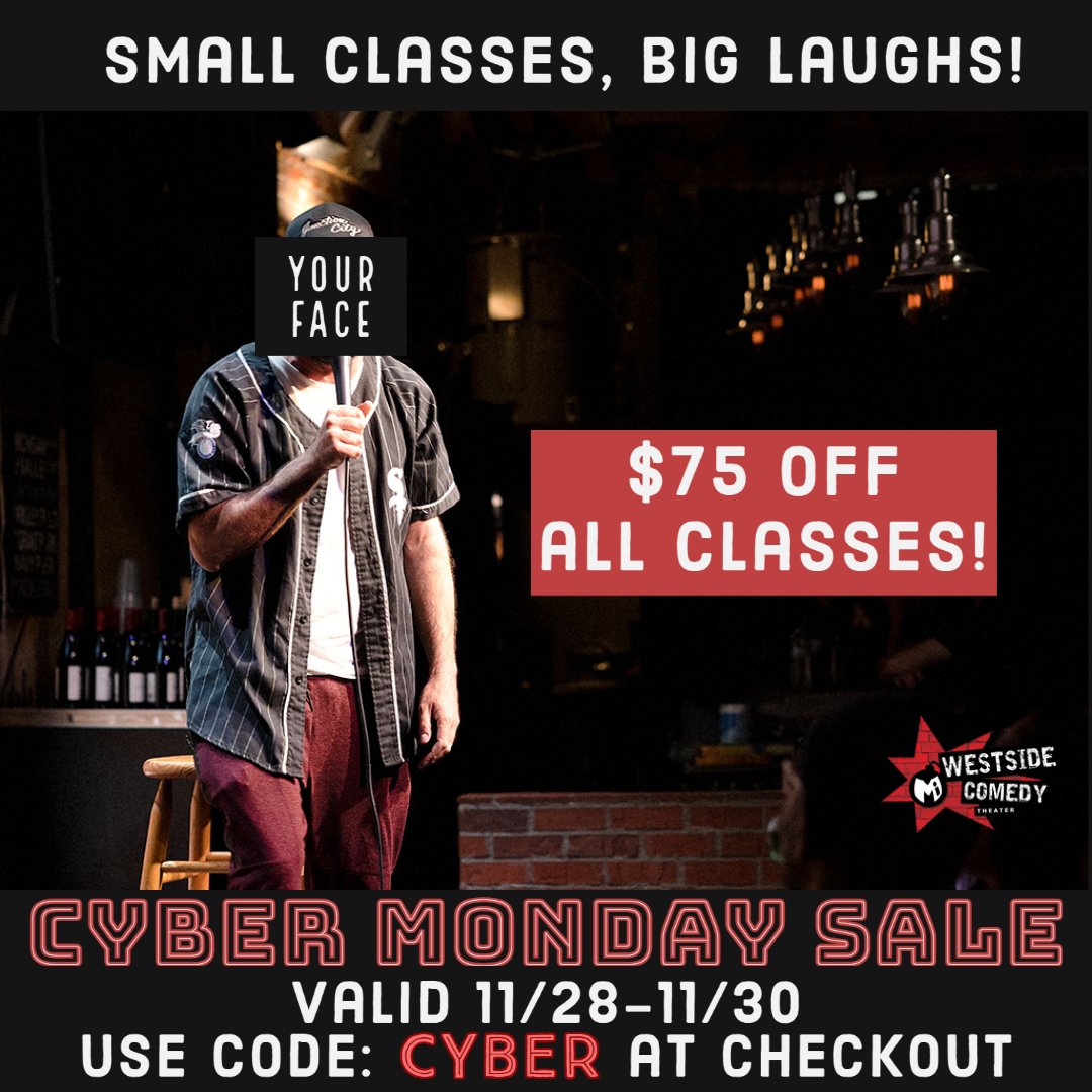 westsidecomedy's tweet photo. Two great ways to get stage time & sharpen your act:
1) Our Open Mic tonight @ 10pm. Sign up at 9:45.
2) Get $75 off in-person stand-up classes!
Visit https://t.co/8W9gQXkAI1 for open mic & class info. Use code CYBER to save before midnight! #openmic #laopenmic #comedyopenmic https://t.co/clifLuRRBK
