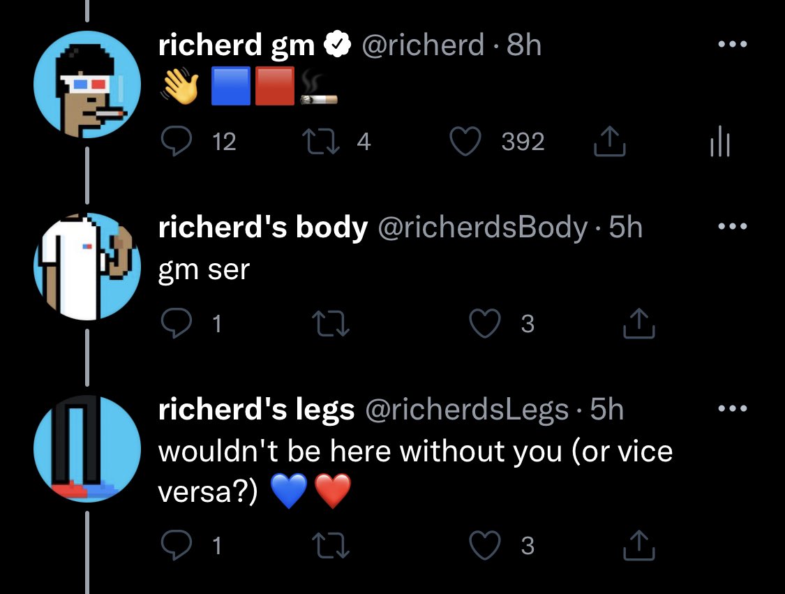This is what happens when <a href="/richerd/">richerd.eth</a>, <a href="/richerdsBody/">richerd's body</a>, and <a href="/richerdsLegs/">richerd's legs</a> all show up to to the party. 🟦🟥