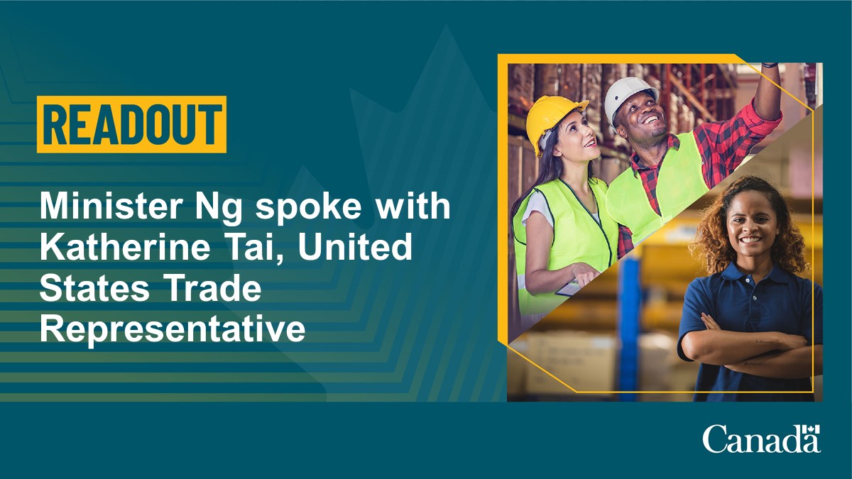 CanadaTrade's tweet photo. Minister Ng spoke with Katherine Tai to reiterate Canada’s concerns with trade issues impacting Canadian industry and workers, including U.S. tax credits for electric vehicles.
https://t.co/gTShy9jeWF https://t.co/39KAQHs4j9