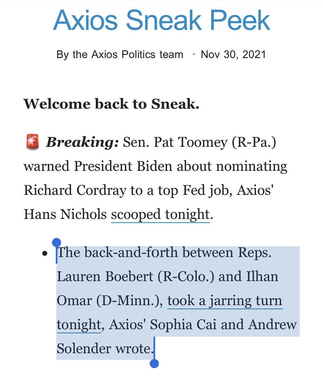 It’s a “back-and-forth” in that one member of Congress called another member of Congress a terrorist on account of her race and her faith. And the “jarring turn” is death threats against that member of Congress. Come on.