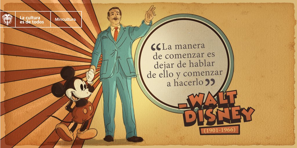 ColCreaTalento's tweet photo. ¿Listos para cerrar noviembre con una dosis de inspiración? 😏
Les compartimos esta frase del guionista y pionero más grande de la industria de la animación en Estados Unidos, Walter Elias Disney 🪄 fundador de la empresa con más magia en la historia. 🔮
#EmprenderEs https://t.co/t7EeKgryCC