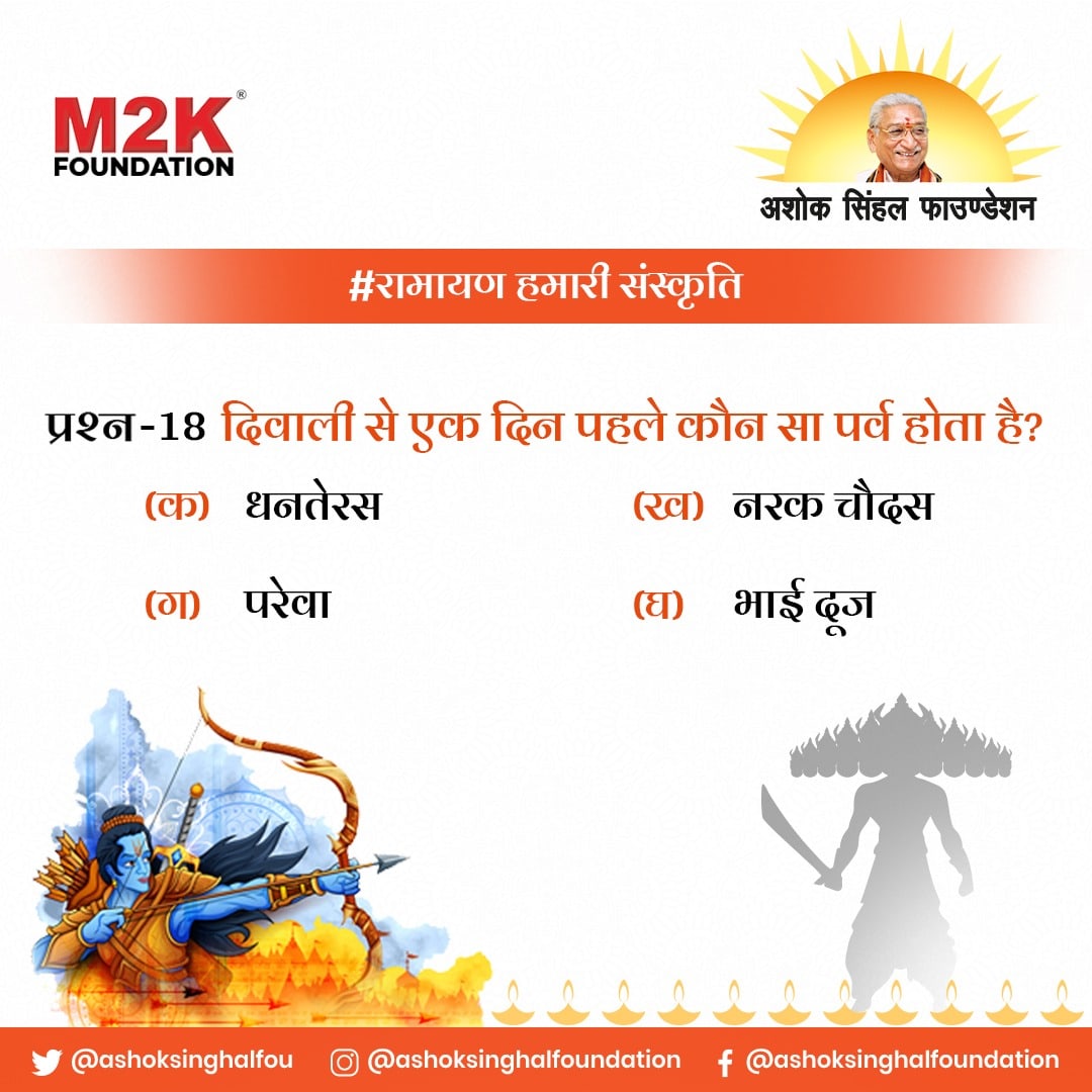 आज का प्रशन। 
अपने सही उत्तर, कमेंट सेक्शन में लिखे। 
.
.
#रामायणहमारीसंस्कृति #ContestAlert #Contest #ramayanhumarisanskriticontest #ramayan #shreeram #JaiShreeRam #ramsita 
#AshokSinghalFoundation #M2KFoundation