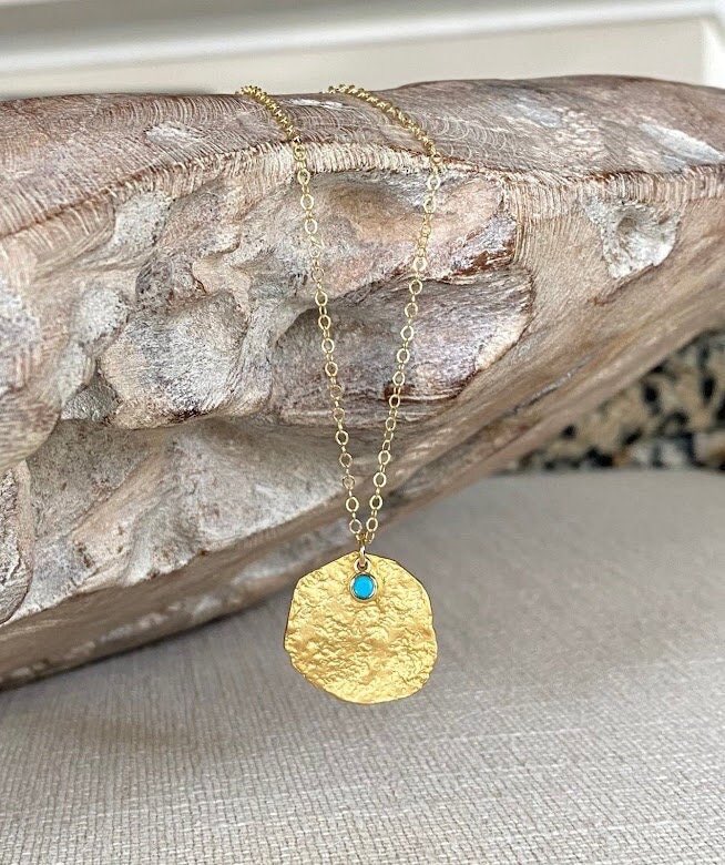 Gold Wavy Disc w #Turquoise Charm #LayeringNecklace  #turquoisenecklace # #turquoisependant #handmade etsy.me/3xH7Cx1