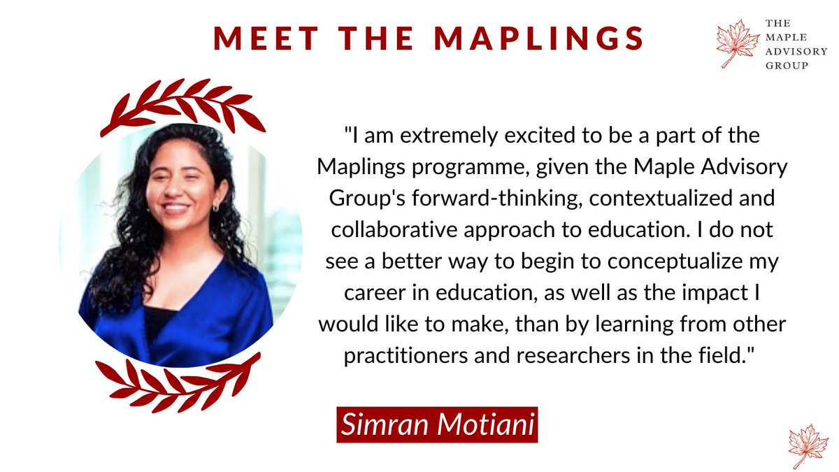 MapleAdvisory's tweet photo. Today, for our #MeetTheMaplings campaign, we're delighted to introduce Simran Motiani!
Simran is part of a diverse, ambitious & passionate group of individuals seeking to make their impact in Education π
#maplings #mapleadvisory https://t.co/gcuumQxMu5