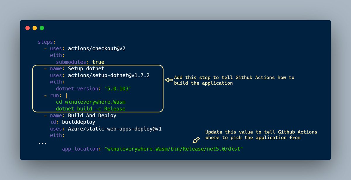 ajpinedam's tweet photo. If you watched my presentation this afternoon at #UnoConf and you were struggling reading the tiny fonts while I was updating the #yaml file ๐
, this image shows the updates I did in order to deploy the Uno #webassemly app to #Azure static web apps using #githubactions https://t.co/sgBqAZXYuv
