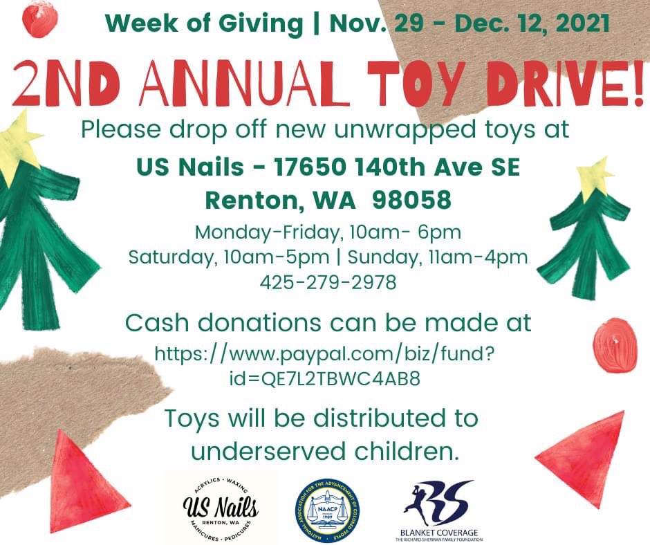 It's our Week of Giving now through Dec 12! Join us along with US Nails Renton and Blanket Coverage Foundation for the 2nd annual Toy Drive.

paypal.com/donate/?cmd=_s…

#toydrive #naacp #seattle #kingcounty #seasonofgiving