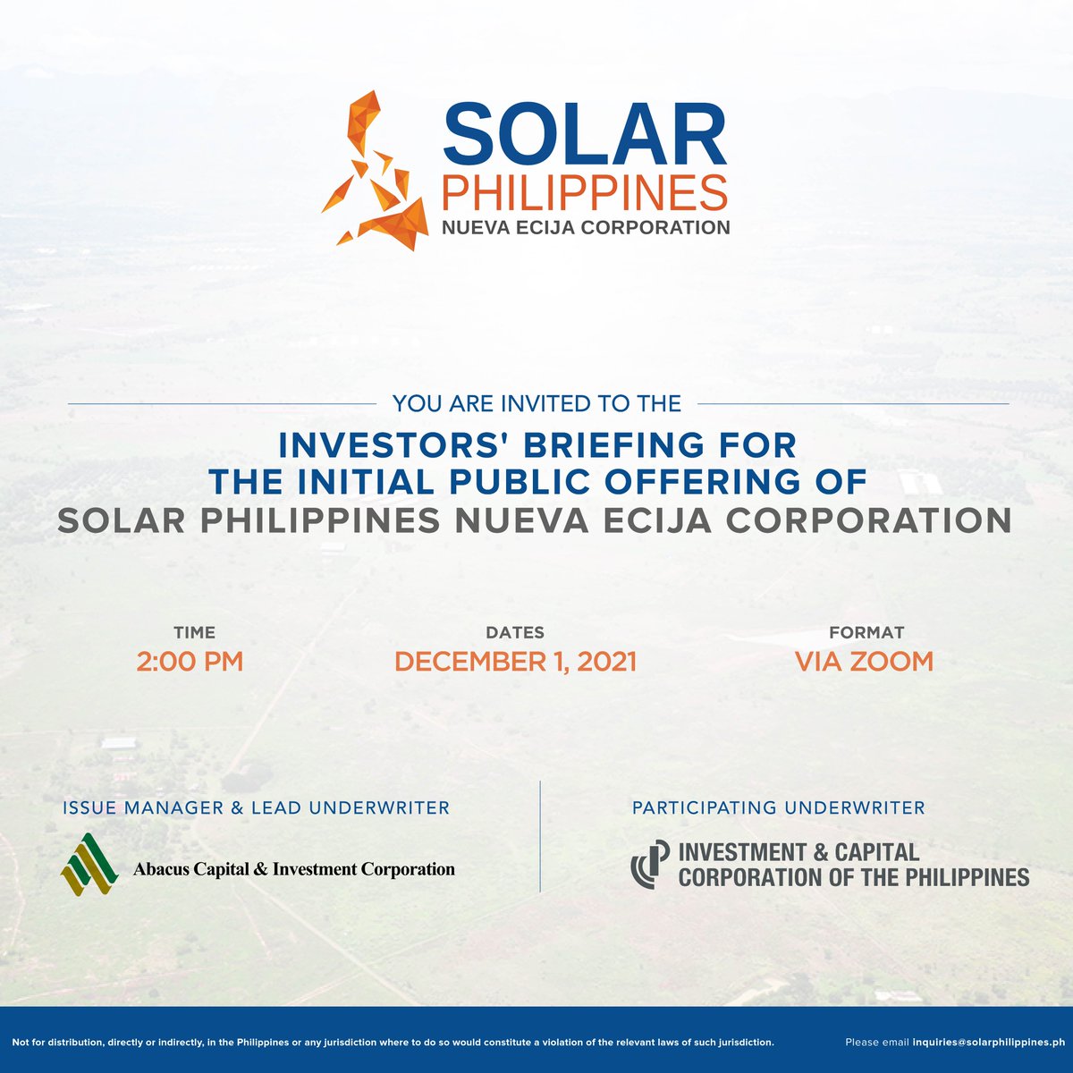 SolarPhils's tweet image. Solar Philippines is holding its Investors briefing for the initial public offering of its subsidiary Solar Philippines Nueva Ecija Corp (SPNEC) on Wednesday, Dec 1, 2PM. Click this link to join :  
us02web.zoom.us/j/83848016246