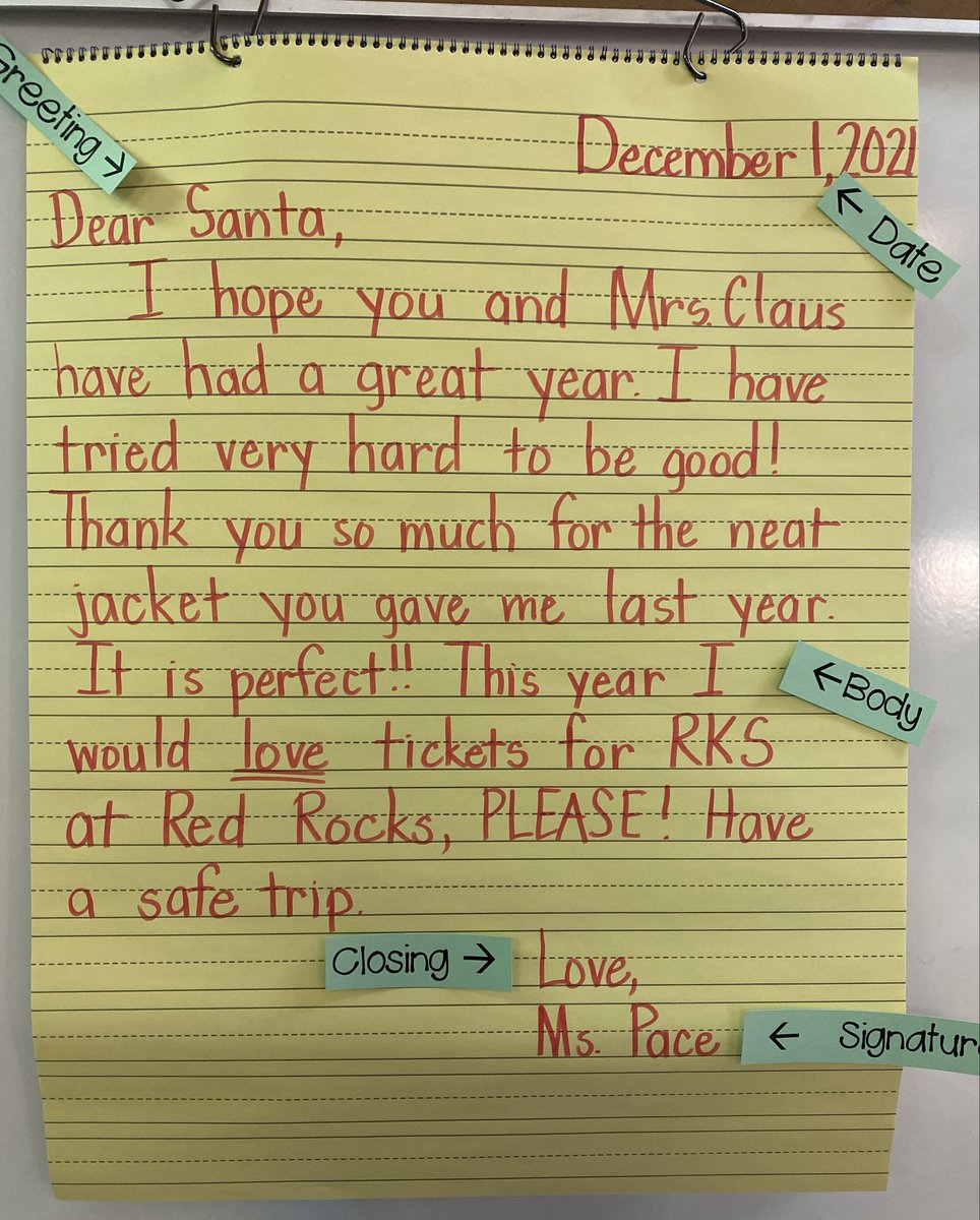 walapace's tweet image. @RKSBandOfficial This is my chart I used for teaching writing a letter to Santa. Loved telling about my favorite band at @RedRocksCO,
 my favorite venue!! #Christmaswishes #PleaseSayYes  #just2 #2ndgradeGAteacher