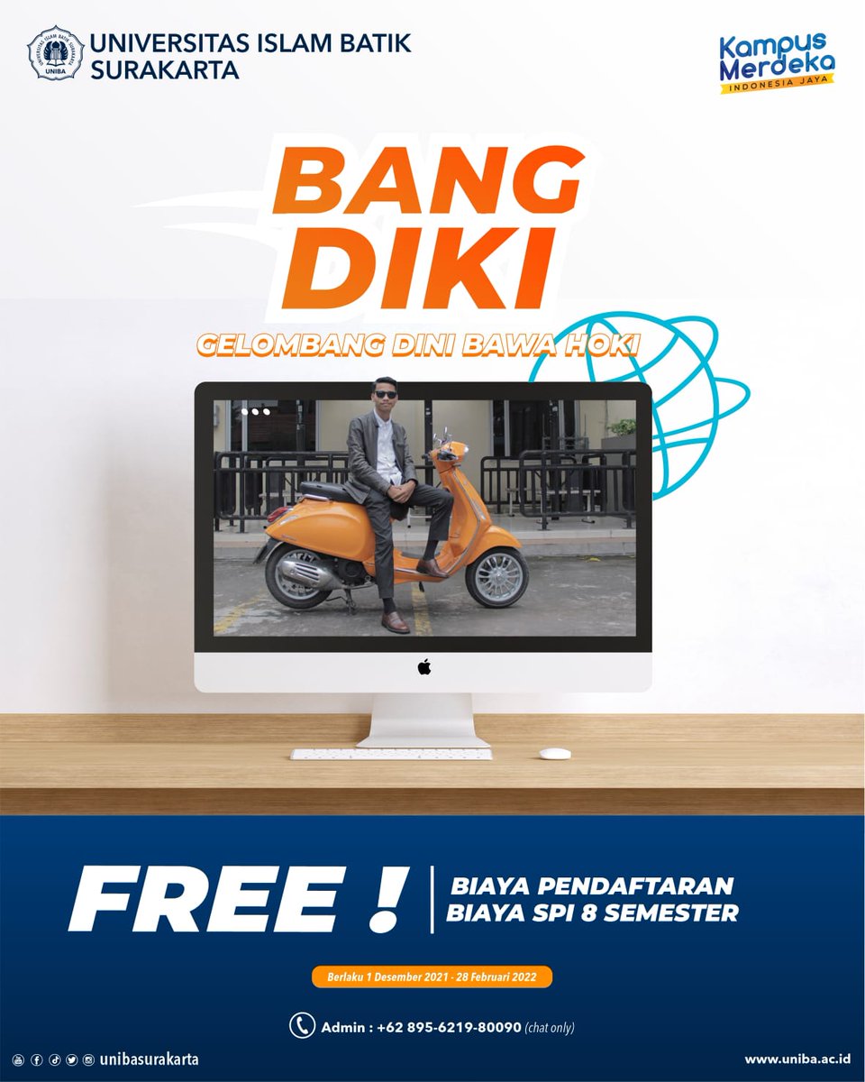 UIBSurakarta's tweet photo. Halo.. Bang Diki kini telah hadir. 

Yuk kenalan sama Bang Diki, Gelombang Dini Bawa Hoki.

Pendaftaran Mahasiswa Baru telah dibuka mulai 1 Desember 2021. Bebas biaya pendaftaran dan bebas biaya SPI 8 Semester.

#unibasurakarta #pendaftaran #gelombangdini #kampusmerdeka #kuliah https://t.co/UhqyBpBZ6S