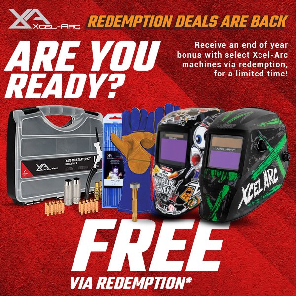 xcelarcnz's tweet image. ARE YOU READY? 
Xcel Arc REDEMPTION DEALS ARE BACK.
xcelarc.nz
Receive an end of year bonus with select Xcel-Arc machines via redemption, for a limited time!
Terms &amp;amp; Conditions.
#xcelarcnz #Xcelarc #redemption #weldingdeals #weldingnz #welding #razorweld #viper