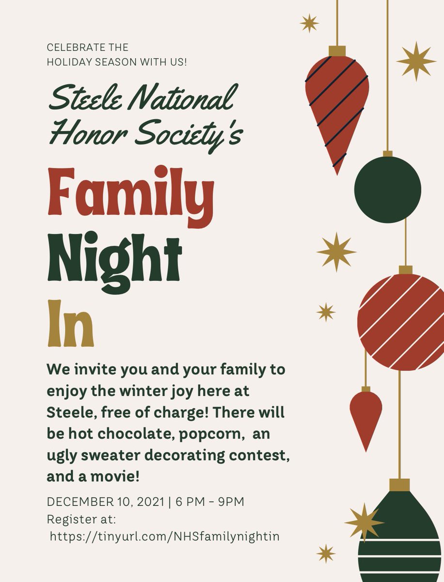 HonorSechs's tweet photo. Join us next Friday, December 10th, for our Family Night In event from 6pm-9pm! 

Enjoy the winter fun at Steele Early College High School, free of charge! 

Be sure to register at https://t.co/4rBMWX9QYh https://t.co/8D8JlYJJax