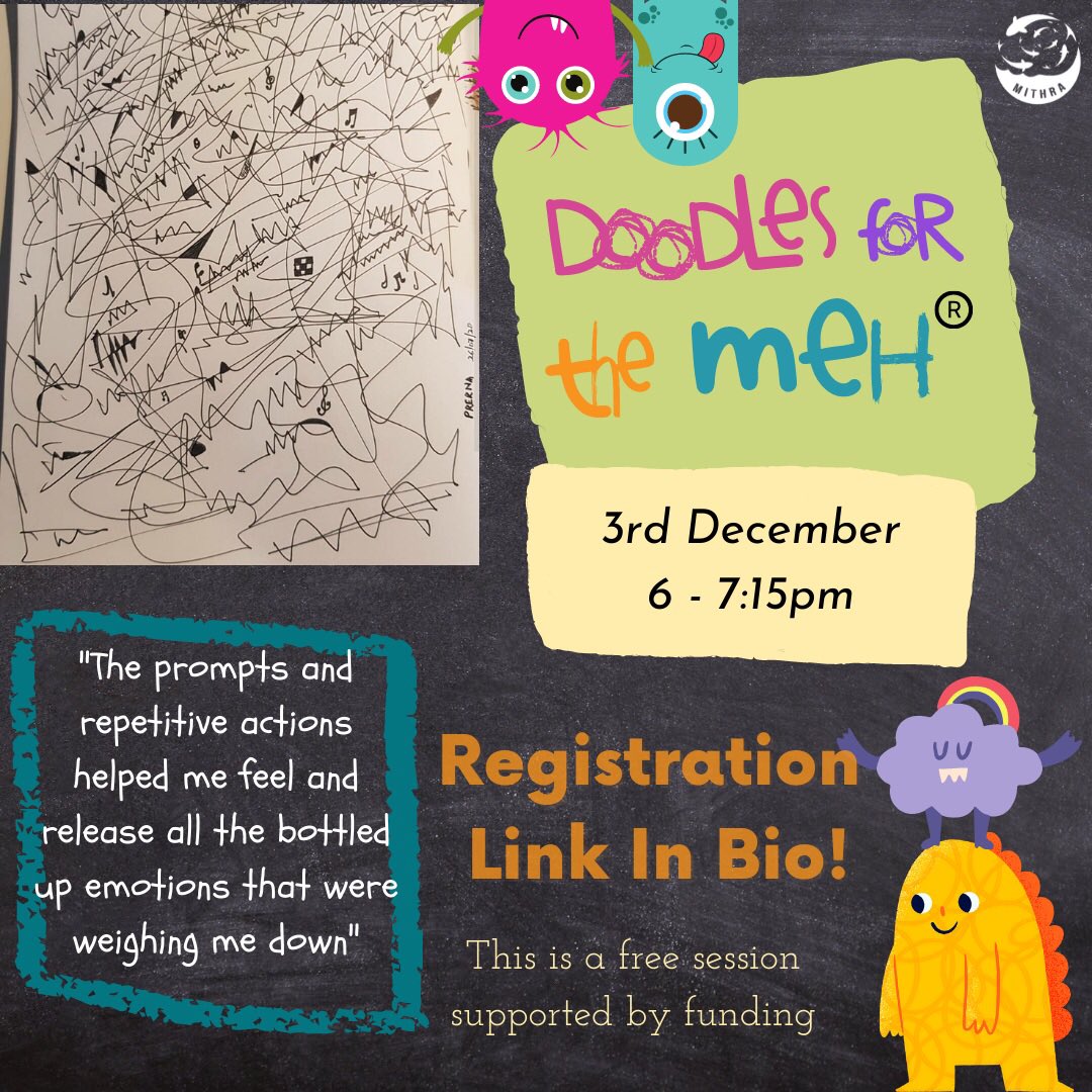 Make Doodles for The Meh with <a href="/MithraTrust/">Mithra Trust</a> &amp; me!
Next session 3rd December Friday 6pm-7.15pm IST!
Come relax, look within, breathe, let yourself be! Link to register 👇🏽
docs.google.com/forms/d/e/1FAI…
.
#Mentalhealth #anxietyrelief #Doodles #fun #WritingCommunity #art #chill #selfcare