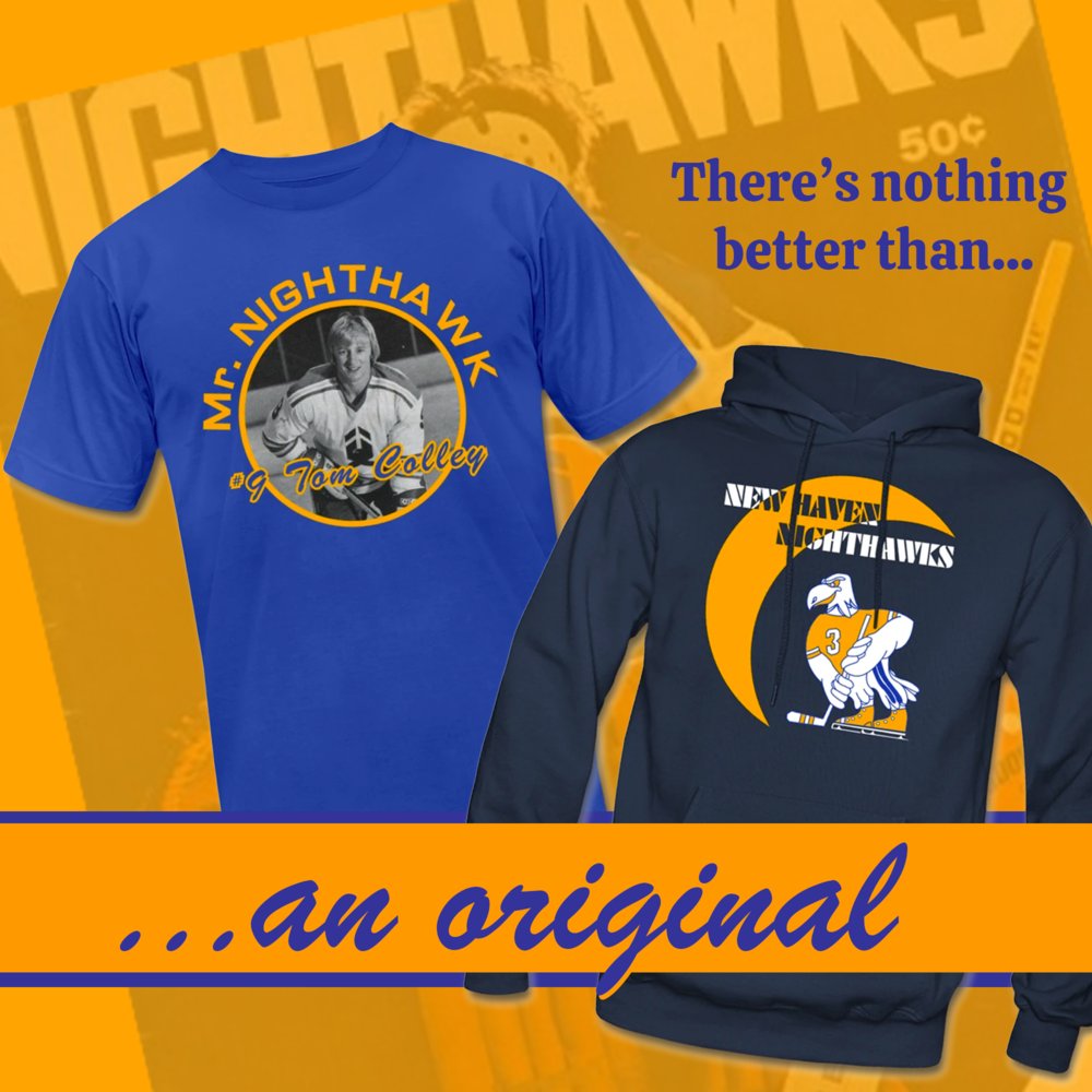 Tom Colley was known as "Mr. Nighthawk" as he was a fan favorite and spent seven seasons in New Haven between 1973 and 1980. All profits made from the sale of this design will be donated directly to the Colley Family. vintageicehockey.com/collections/ne…
