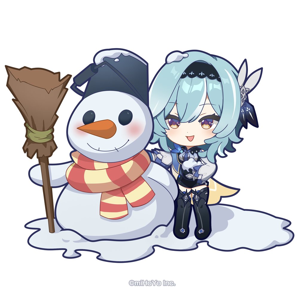 eula (genshin impact) snowman 1girl chibi scarf hairband blue hair broom  illustration images
