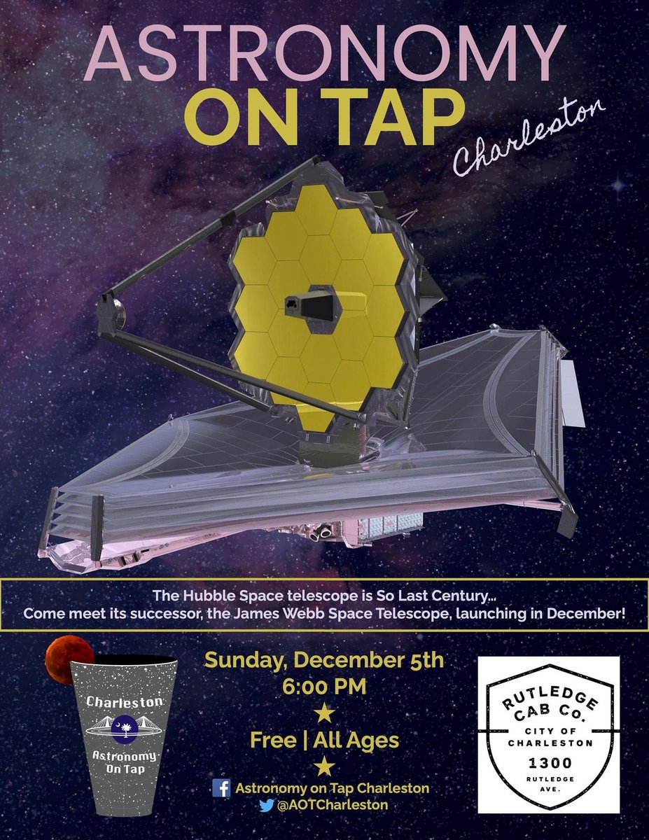 *tap tap tap* Is this thing still on? AoT #CHS is back (with a vengeance?) this Sunday at Rutledge Cab Co! There will be talks, games, prizes, and drink specials, all to celebrate upcoming (🤞🏻🤞🏻🤞🏻) launch of JWST! 🌌🔭