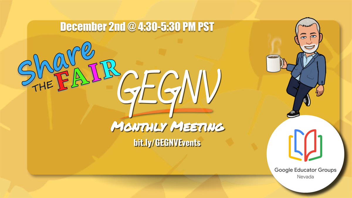 Come to <a href="/GEGNevada/">GEG Nevada</a> Dec SHARE FAIR tomorrow!! We'll be hosting new talent &amp; hear about great new tools from our 8 guest presenters! Find the link on the calendar of events here: bit.ly/GEGNVEvents
#GEGNV #nevadateacher #globalgeg #GoogleEDU #GoogleEI #GoogleEC #GoogleET
