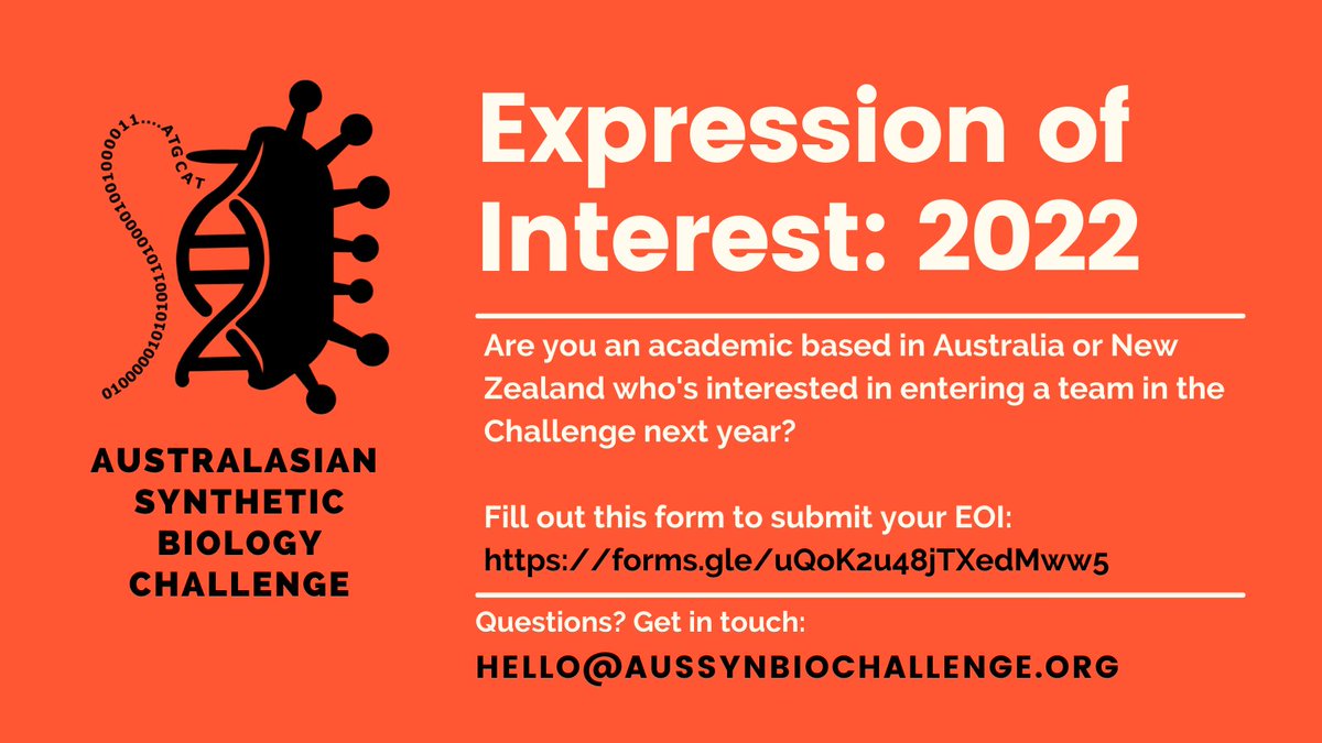 SynBioChallenge's tweet photo. 2022 HERE WE COME!!

After another record-breaking year, we have decided to run in 2022!! 

We aim to bring SynBio to all Aus &amp; NZ students with our affordable &amp; collaborative platform!!

EOI form here: https://t.co/GiG53dGDR3

or
 
Reach out at: hello@aussynbiochallenge.org https://t.co/e5KNSkftBh