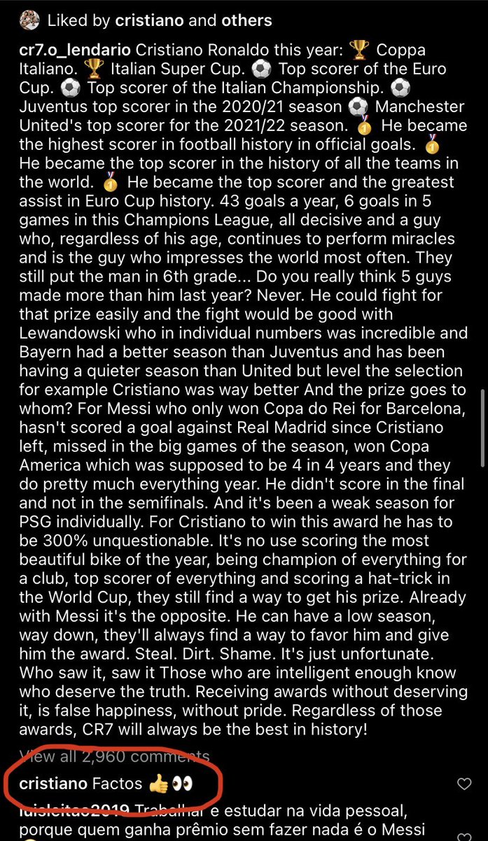 CrewsMat10's tweet photo. Cristiano Ronaldo commenting “facts” under a post saying Messi robbed the Ballon d’Or and ghosted in big games... 

I actually can’t believe this is a 36 year old athlete, the lack of sportsmanship and the inferiority complex is despicable. https://t.co/iSMBdbEXey