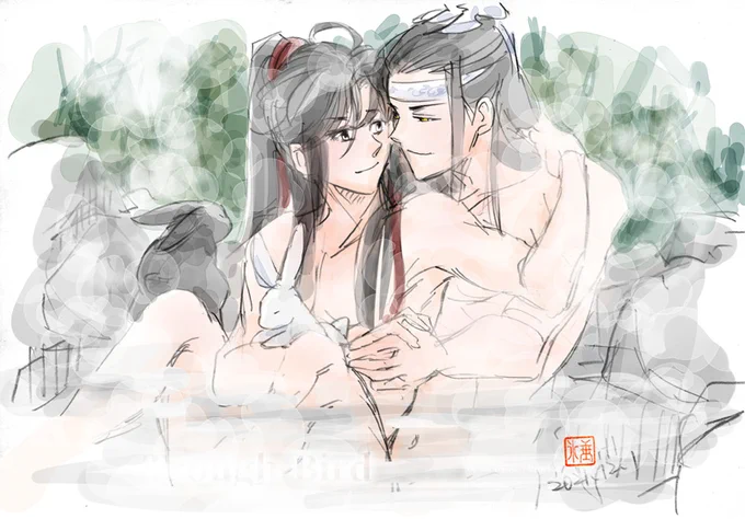 おはようございます。
【どの風呂でも体勢かわらないよなー】
#忘羨 #魔道祖師 #陳情令 #마도조사  #mdzs #cql 
隠れ家の裏の森に温泉があるといい。
有馬温泉で鉄を浴びてこようかなぁ。 