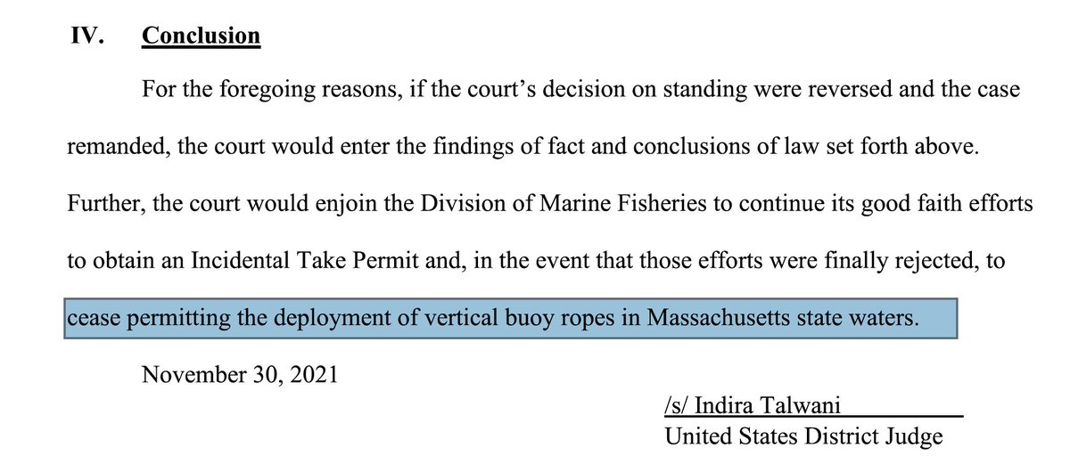 Buoy lines used by lobstermen should be banned to protect critically endangered right whales, a federal judge wrote today in a long-awaited ruling. But because she said the plaintiff, Max Strahan, lacked standing to bring his suit, the judge didn't require MA to ban the lines.