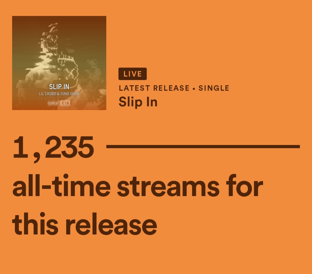 4TEStudios's tweet photo. In just 24 hours, Slip In by @LilCrubo and @YungOnon surpassed 1,000 @Spotify streams despite only being released in major territories like the US and Canada for less than 10 of those tracking hours.
This is both artists fastest song to reach 1k streams on the platform. #SlipIn https://t.co/r4O8XSjxas