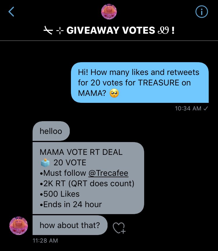 [NEW DEAL IN DAY 7]

‼️TEUME HELP ME‼️
🏆 20 VOTES 🏆

For #treasure #MAMAVOTE ￼  
#treasure_poll

•Must follow <a href="/Trecafee/">㇏̶ ⊹ yæ Ꮺ !</a> 
•2K RT (QRT does count)
•500 Likes
•Ends in 24 hour

<a href="/treasuremembers/">TREASURE</a>