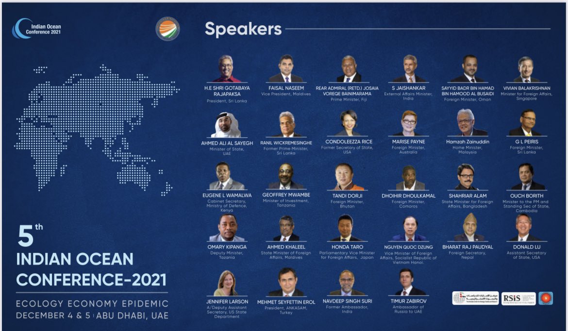 Welcome to the 5th Indian Ocean Conference IOC-2021. A President, a Vice President, a Prime Minister, Foreign and other Ministers from 18 countries to address on 4-5 December at Abu Dhabi.
200 delegates and 50 speakers from over 40 countries to attend.
Join us…