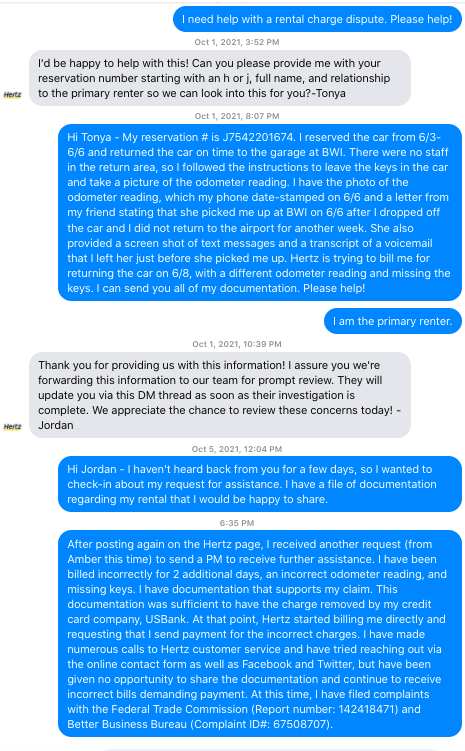 MaryaYCarr's tweet photo. @Hertz @Klonick Here's my black hole conversation with the @hertz facebook bots from the past 2 months. https://t.co/OIoBN42vVJ