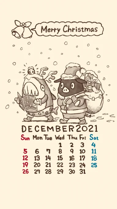もう12月…!早い!早いよ!12月の壁紙カレンダーです。よろしければお使いください!メリークリスマス! #12月 #December #トナカイ #サンタクロース #プレゼント #壁紙 #wallpaper #カレンダー #calendar #サメ #ブタ #イナズマデリバリー #inazmadelivery 