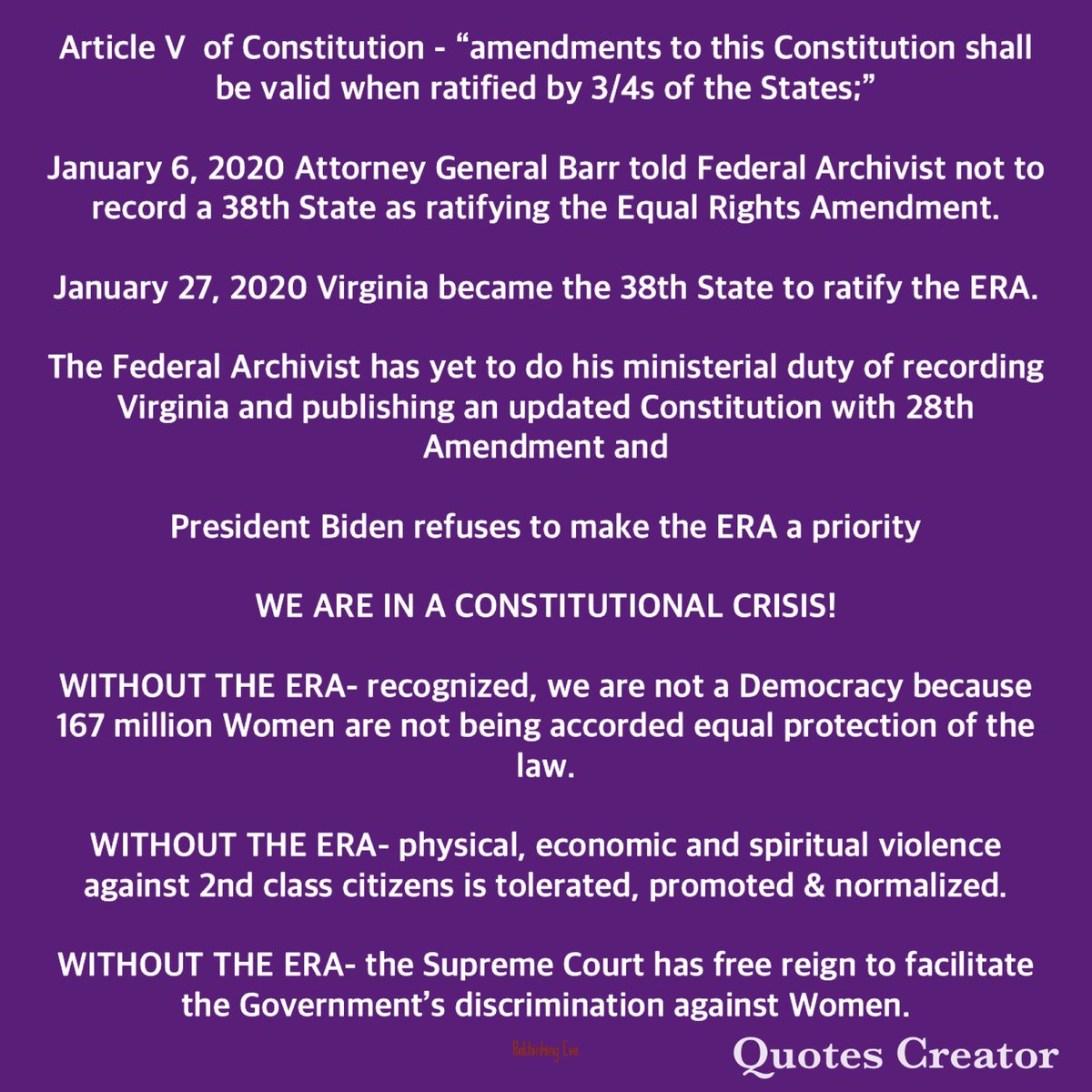 RethinkingEve's tweet photo. @SenWhitehouse With the #EqualRightsAmendment being blocked by the #Biden Administration the Supreme Court has a clear lane to discriminate against Women and relegate them to being the #LifeBearers for the patriarchy without personal autonomy or bodily integrity-
#UnblockERA #ERANow https://t.co/cAcwJwuTpC