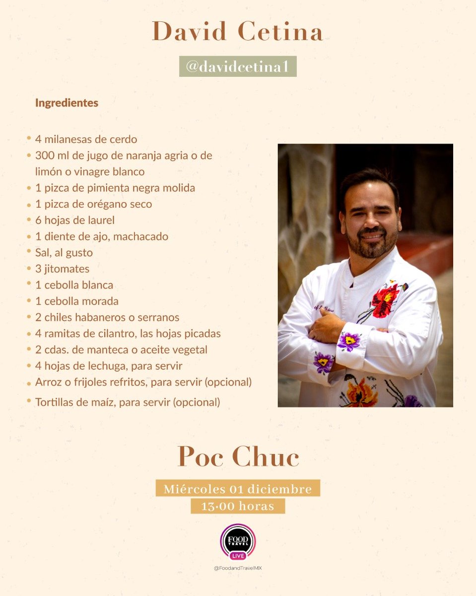 Mañana a las 13:00 horas te esperamos en nuestra cuenta de Instagram <a href="/FoodandTravelMX/">Food and Travel MX</a> para preparar junto al chef David Cetina <a href="/chefDcm/">David Cetina Medina</a> un delicioso Poc chuc. ¡Compra tus ingredientes y cocina con nosotros! #IGLive