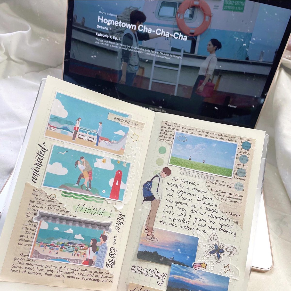 RMsMoonchild13's tweet photo. Just wanted to share this journal page I made to appreciate the cinematography from ep 1 of #HometownChaChaCha 
More spreads coming soon because I am obsessed and I miss it🥺 I miss Sikhye…😭
#갯마을차차차 #KimSeonHo #ShinMinAh #김선호 #신민아 https://t.co/2aLeckKOKW