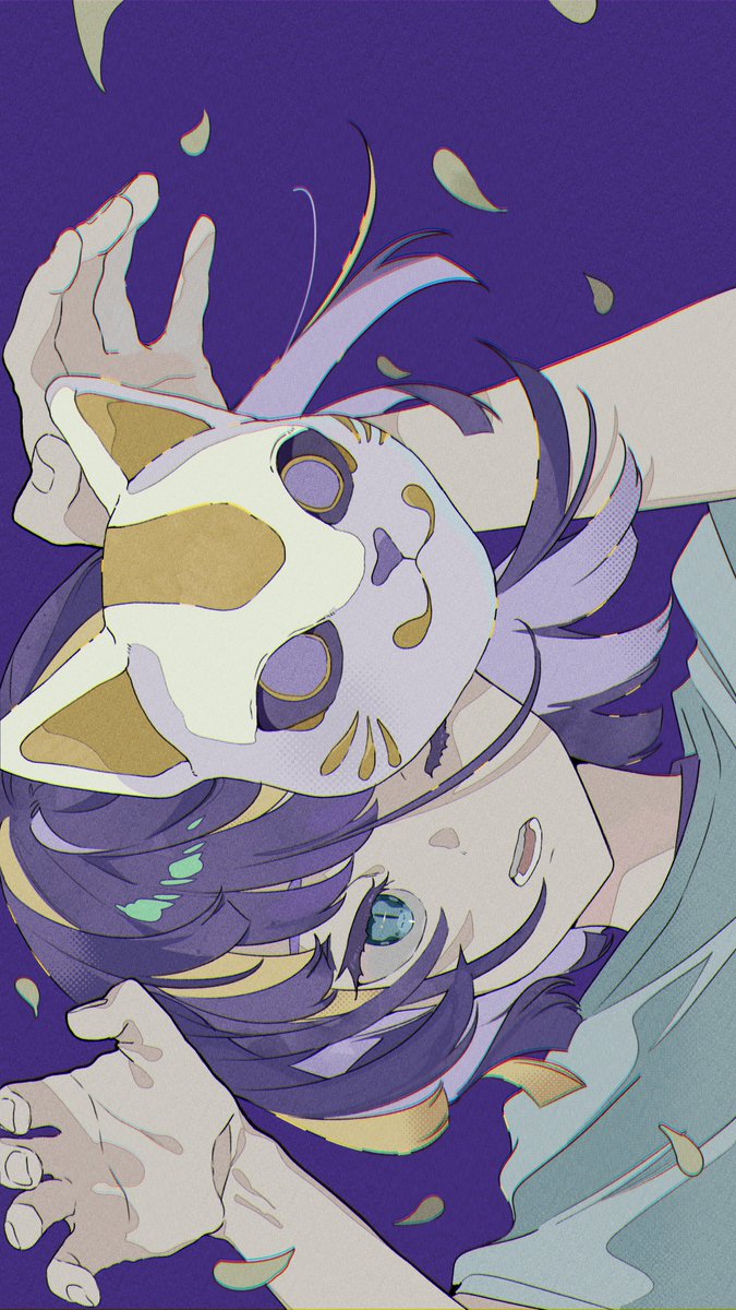 mask solo fox mask blue eyes purple hair shirt open mouth  illustration images