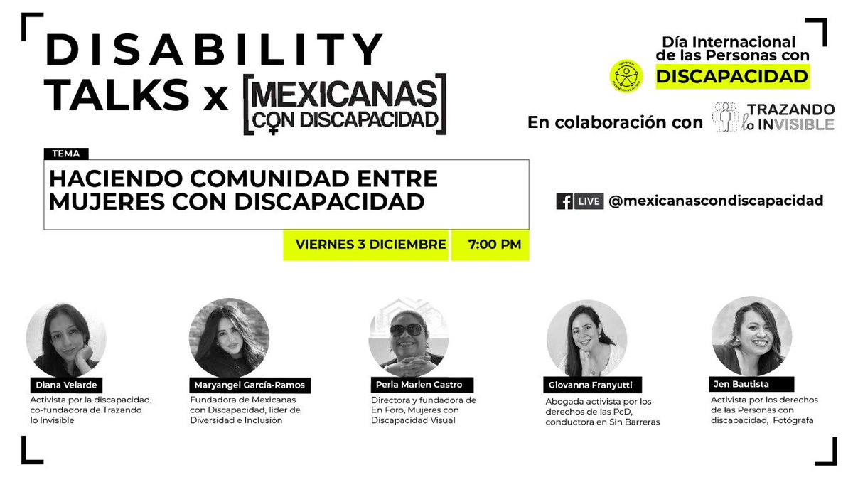 mexicanas_'s tweet photo. Este 3 de Diciembre, Día de las Personas con Discapacidad, tendremos nuestra #DisabilityTalks: "Haciendo comunidad entre Mujeres con Discapacidad" en collab con Trazando lo Invisible!
🗓 3 Dic
⏰ 7:00 pm
📲 nuestra pag de Facebook!
#OrgulloYDignidad
#SoyMujerConDiscapacidad https://t.co/L1LmXZPY0G