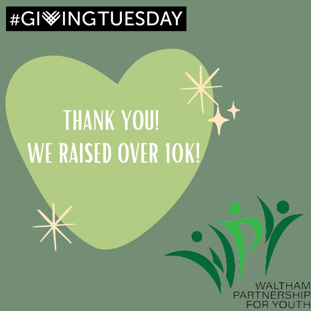 Thanks to your incredible support, we unlocked a $5000 dollar donation and COMPLETED our 50 donor challenge with 72 total donations! 

Not only did we complete the 50 donor challenge! We EXCEEDED our goal of $10,000 in donations. 

#givingtuesday  #walthampartnershipforyouth