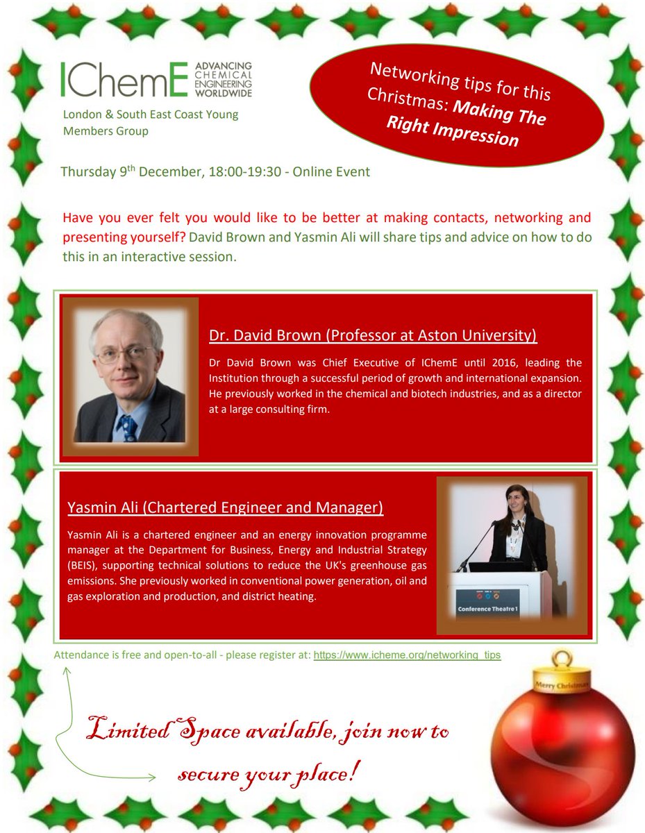 Do you want to brush up your networking skills? Our next event is perfect for that! 9th Dec at 18.00.

Please register in the link to attend: icheme.org/networking_tips

Limited attendance.