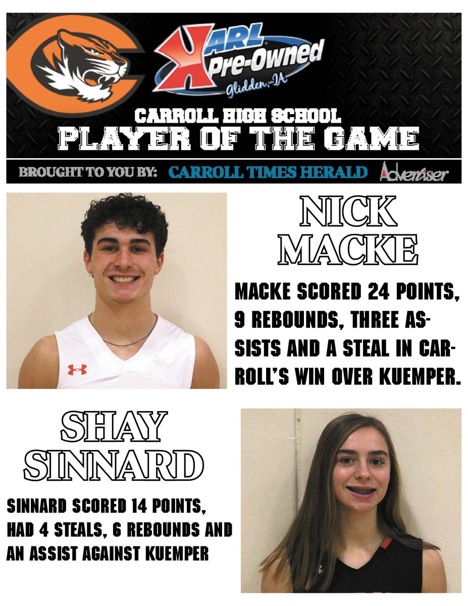Karl Pre-Owned Carroll High player of the game: <a href="/2macke2/">Nick Macke</a> for boys basketball and <a href="/ShaySinnard/">Shay Sinnard</a> for girls basketball.