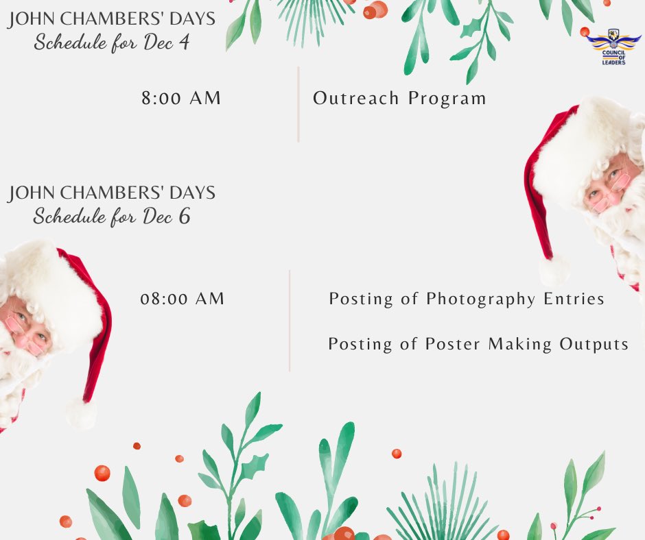 JHScol's tweet photo. TWO DAYS LEFT!
Before we formally open this year's John Chambers' Day, here is the schedule for the fun and exciting events that awaits you. From December 3 to December 10, please be guided by the list of happenings posted below. We cannot wait to see you, JHS!
#ADZUJHS
#JCDay https://t.co/jmFNdwA3nu