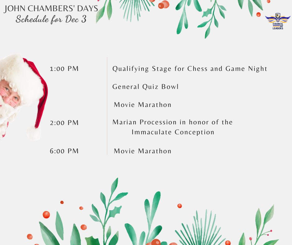 JHScol's tweet photo. TWO DAYS LEFT!
Before we formally open this year's John Chambers' Day, here is the schedule for the fun and exciting events that awaits you. From December 3 to December 10, please be guided by the list of happenings posted below. We cannot wait to see you, JHS!
#ADZUJHS
#JCDay https://t.co/jmFNdwA3nu