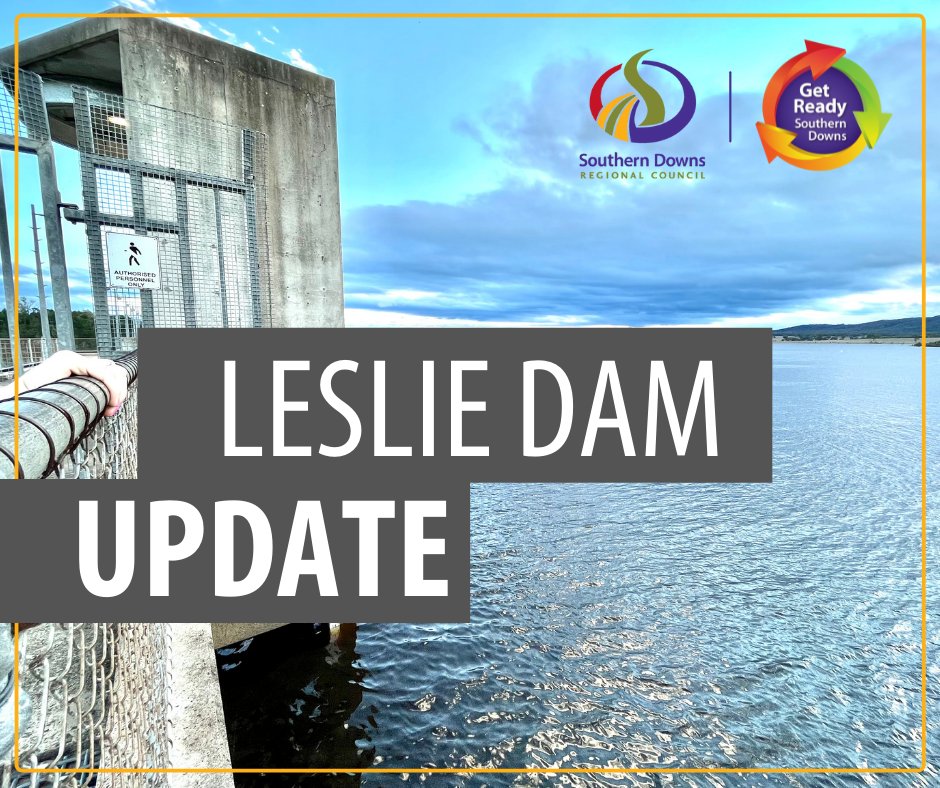 Leslie Dam is expected to reach 100% capacity later today. It is anticipated that Leslie Dam Road will be closed from 4pm today and water will be released around 6pm. For up-to-date info on road closures visit disasterdashboard.sdrc.qld.gov.au.