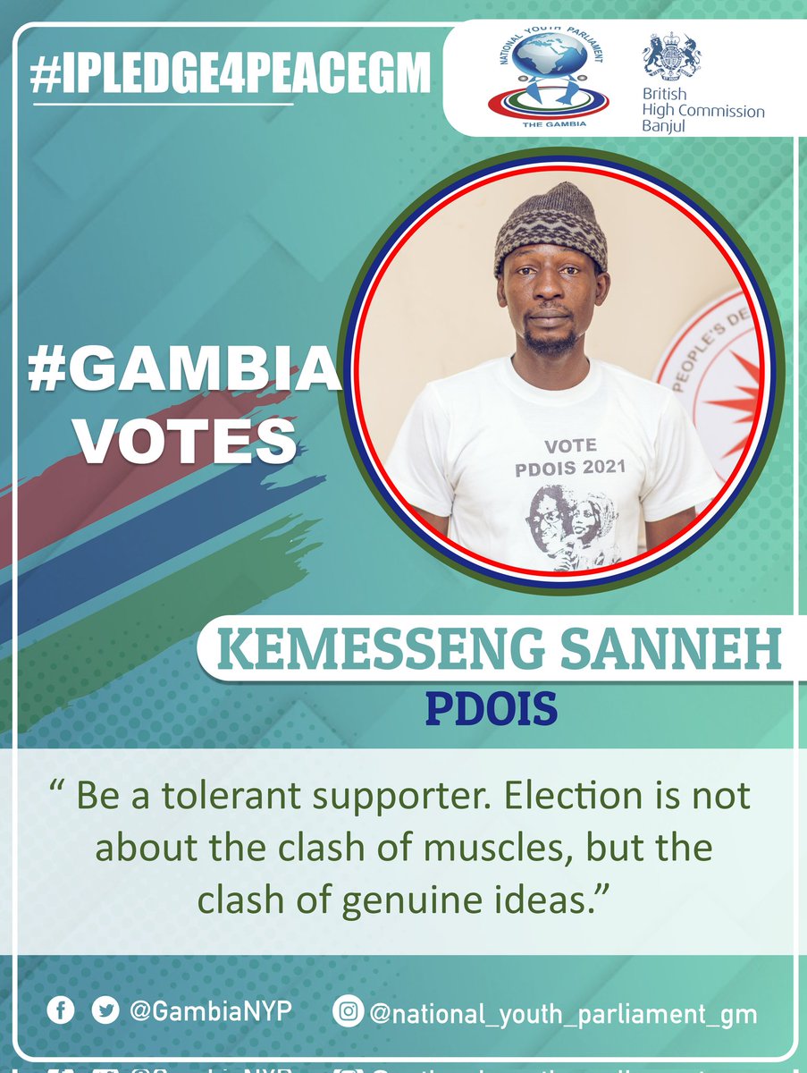 GambiaNYP's tweet photo. #IPledge4Peace
We are now counting days. And the message from these young politicians couldn't be clearer!
@OmarPenDocDibba, National Youth President, @CAGambia & Kemesseng Sanneh of @pdois_gambia call on Gambians to sustain the peace of the country.
@UKinGambia
#GambiaVotes https://t.co/upJad4Dawe