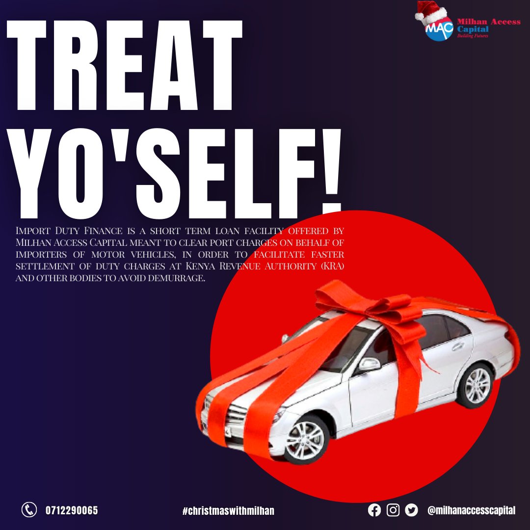 #treatyourself this holiday by importing your new ride through our #importdutyfinance service. Reach out to us today! #milhanbuildsfutures