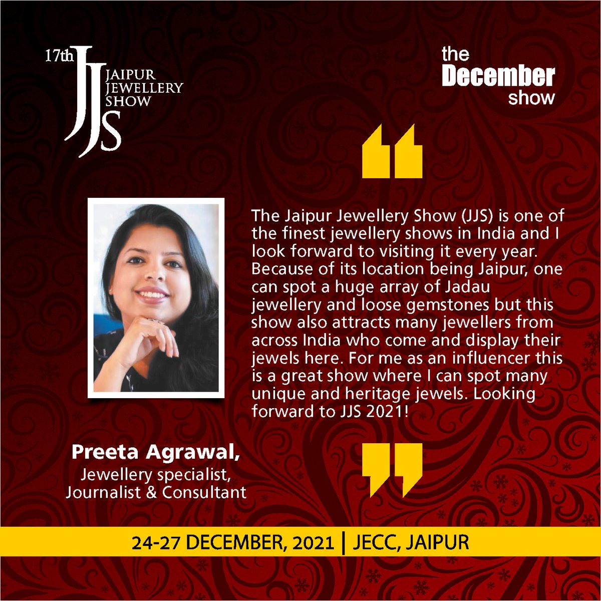 JJSjaipur's tweet photo. #jjs #jjsjaipur #JaipurJewelleryShow #thedecembershow #jjs2021 #jewelleryexhibition #testimonials #jewellers #gemstones #jewelleryshopping #jaipurevent #jewelleryinfluencer #jewellerydesigner #jewelleryshow #decembershopping #jewelleryevent #jewelleryinformation @preetaagarwal https://t.co/ArP4GAeHKU