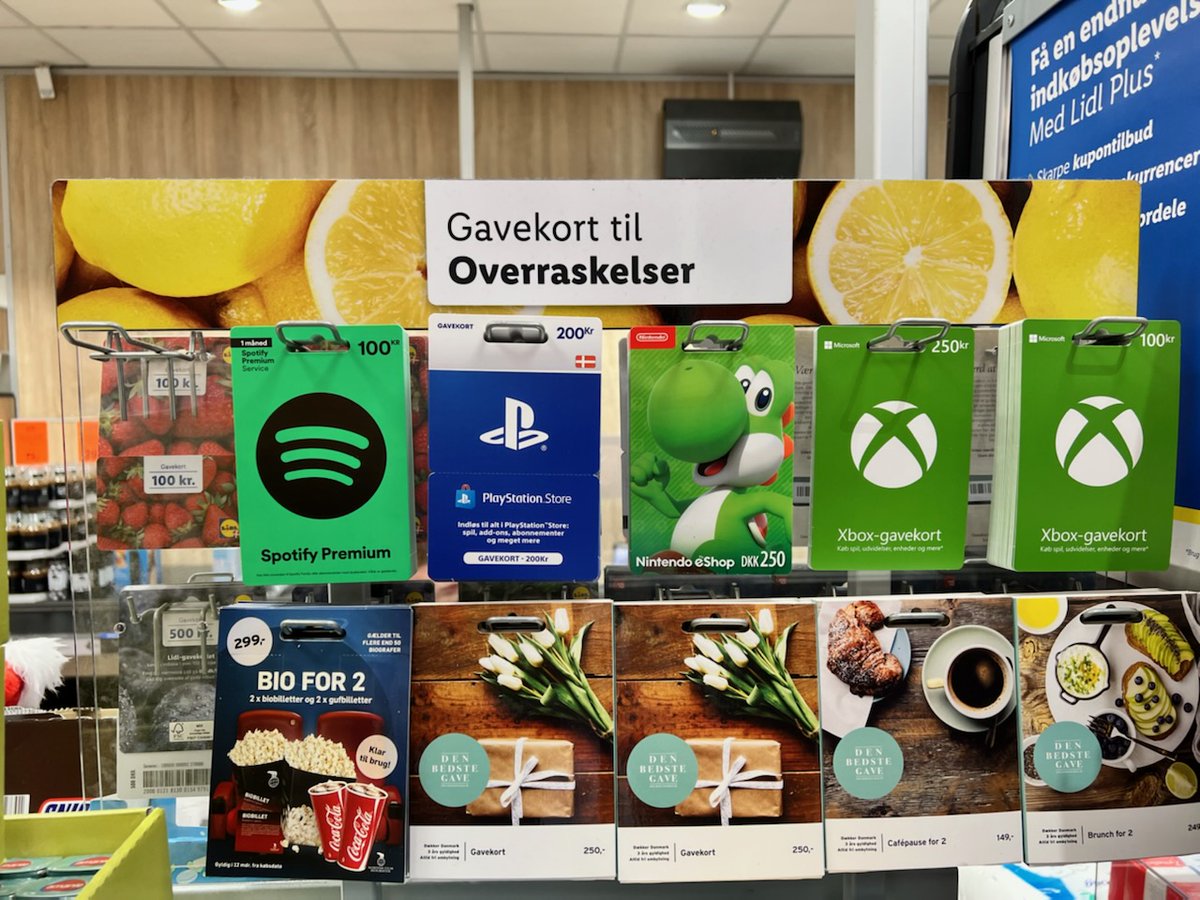 Lidl Danmark med 130 fysiska butiker är ny partner till Awardit/MBXP!  Vi tillhandahåller gift card content, inkl vårt danska private label Den Bedste Gave. Exempel på en del av sortimentet:
