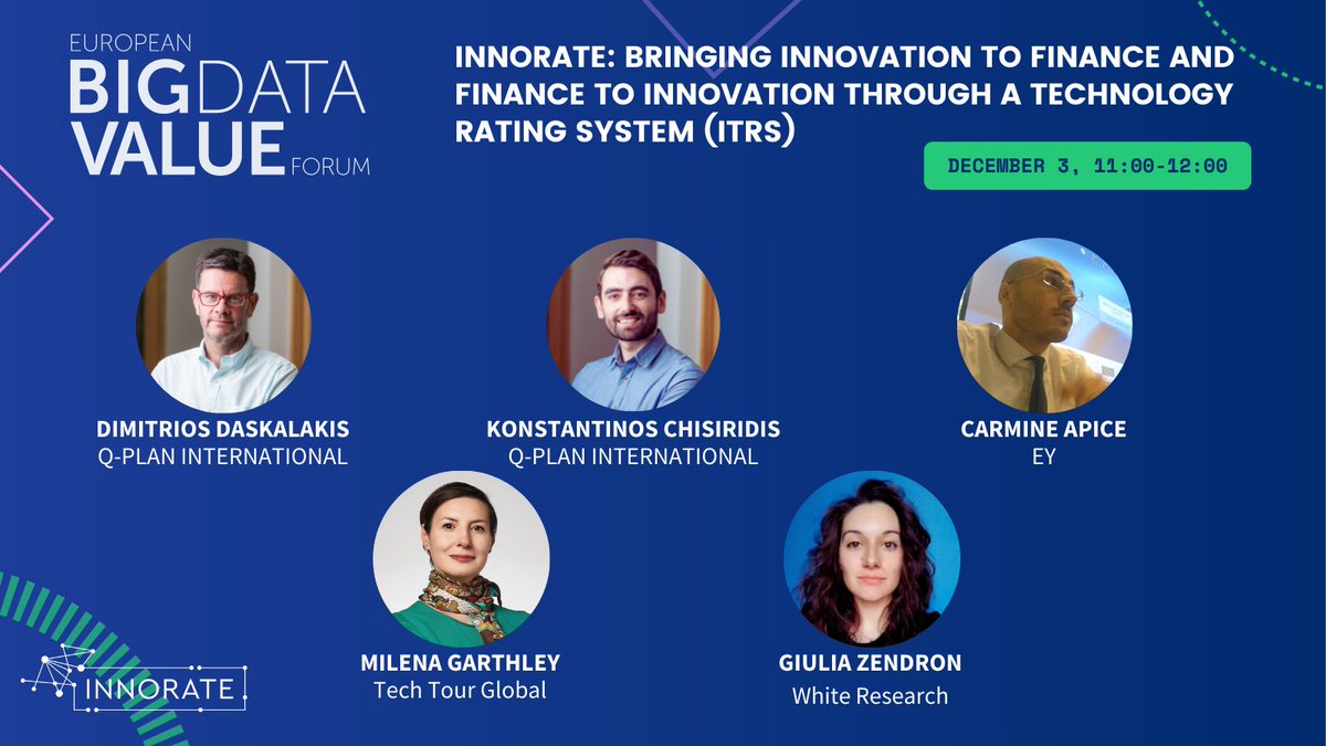Meet our speakers at #EBDVF21!

Through their presentations, we will explore:
☑️What InnoRate is all about
☑️Our journey from the KTRS to the ITRS
☑️InnoRate Platform &amp; use cases
☑️Lessons learned from the project

Register for our session on 3/12 ➡️ cutt.ly/3THSiZW