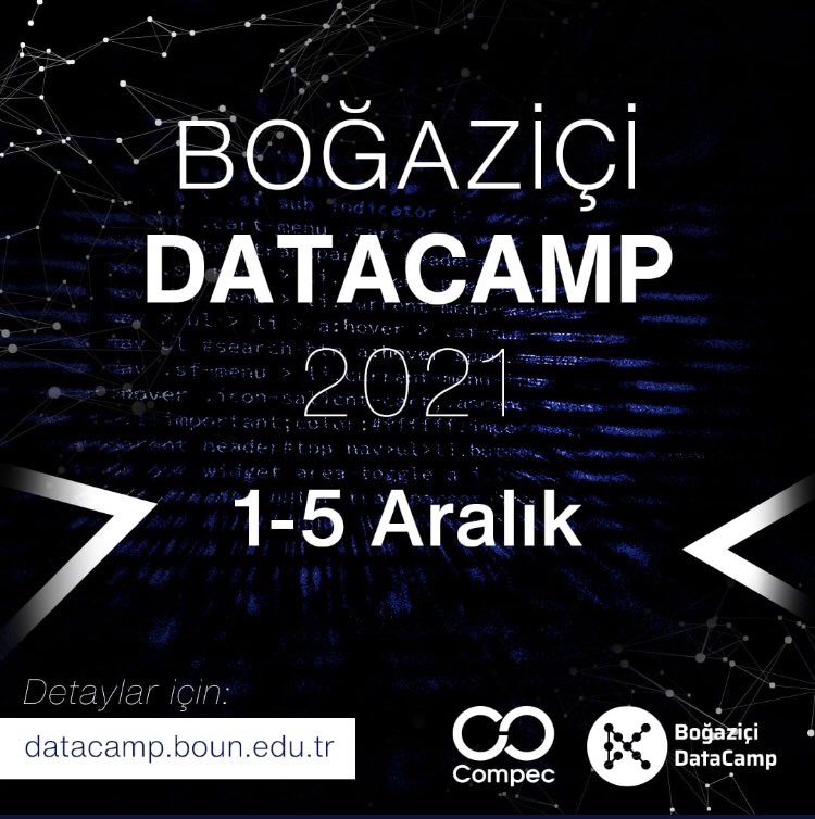 DataCamp bugün başlıyor, geç kalmadınız! 5 gün sürecek etkinliğimiz bittiğinde, Veri Bilimi ve Yapay Zeka gibi çeşitli alanlarda güncel uygulamaları tanımış, hem de teknik anlamda gelişmiş olacaksınız! Hemen detaylı bilgi almak ve kayıt olmak için -&gt; datacamp.boun.edu.tr