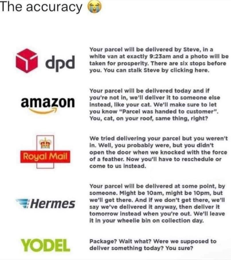 Toni (@tlssmart) on Twitter photo Harse but fair! That time of year again! <a href="/DPDgroup/">Edward Fulton</a> can you share your delivery strategy with @Hermesparcels <a href="/YodelOnline/">Yodel</a> <a href="/AmazonUK/">Amazon.co.uk</a> <a href="/RoyalMail/">Royal Mail</a> 🙃 Harse but fair! That time of year again! <a href="/DPDgroup/">Edward Fulton</a> can you share your delivery strategy with @Hermesparcels <a href="/YodelOnline/">Yodel</a> <a href="/AmazonUK/">Amazon.co.uk</a> <a href="/RoyalMail/">Royal Mail</a> 🙃