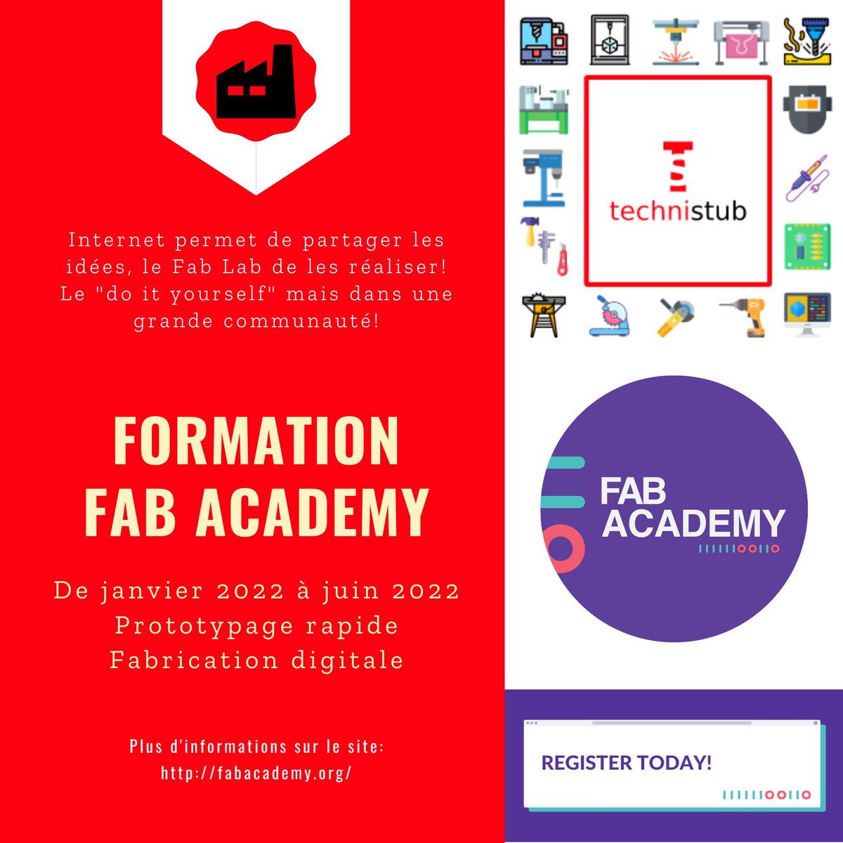 Technistub's tweet image. ⏱Inscriptions à la Fab Academy au Technistub⏱
La Fab Academy est une formation de fabrication numérique de haut niveau, décentralisée, dirigée par Neil Gershenfeld du  MIT (Massachusetts Institute of Technology).
Plus d'informations:
fabacademy.org/apply/registra…...
#fabacademy2022