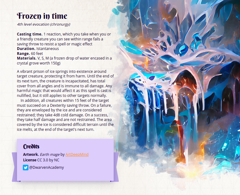 DwarvenAcademy's tweet photo. A spell to cast when everything is going awry. Avoid danger and save yourself in a prison of ice!
#dnd #dndspell #ttrpgfamily #homebrew https://t.co/C5Rm0NLwZS